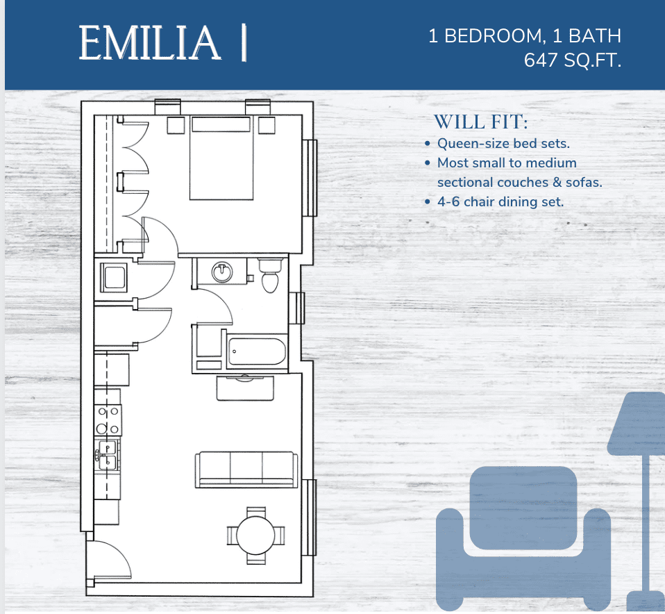 Emilia 1 bedroom 1 bath apartment at Marcella at Gateway