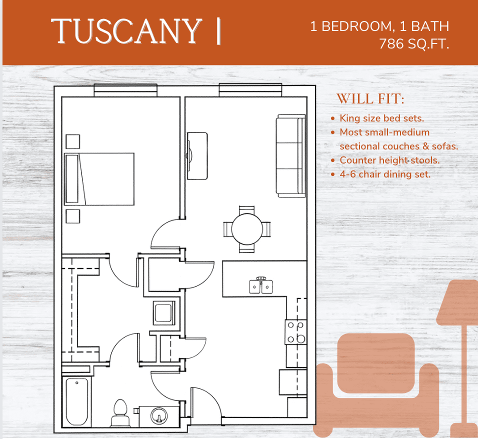 Tuscany 1 bedroom 1 bath apartment 786 sqft at Marcella at Gateway