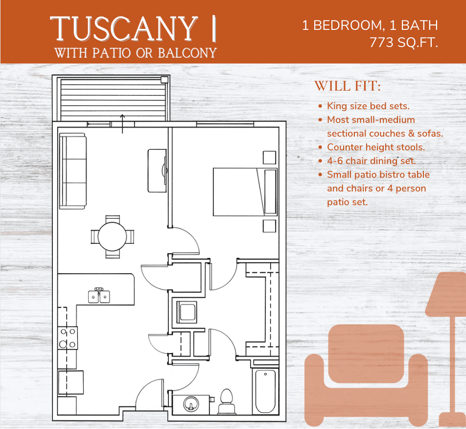 Tuscany 1 bedroom 1 bath apartment 773 sqft at Marcella at Gateway