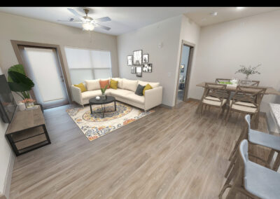 Furnished living room photo in the Lombardy 2 bedroom 2 bathroom floor plan at the brand new luxury Marcella at Gateway community in Bon Air Richmond Virginia