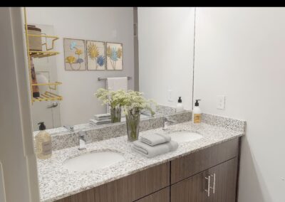 Furnished primary bath photo in the Lombardy 2 bedroom 2 bathroom floor plan at the brand new luxury Marcella at Gateway community in Bon Air Richmond Virginia