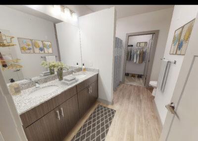 Furnished primary bath and closet photo in the Lombardy 2 bedroom 2 bathroom floor plan at the brand new luxury Marcella at Gateway community in Bon Air Richmond Virginia